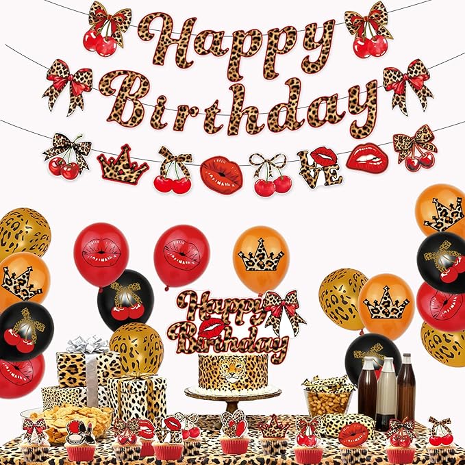 32pcs Cheetah Print Birthday Decorations with Cherry Leopard Bow Red Lips Happy Birthday Banner Balloons Cake Cupcake Topper for Safari Jungle Theme Party Decor Supplies