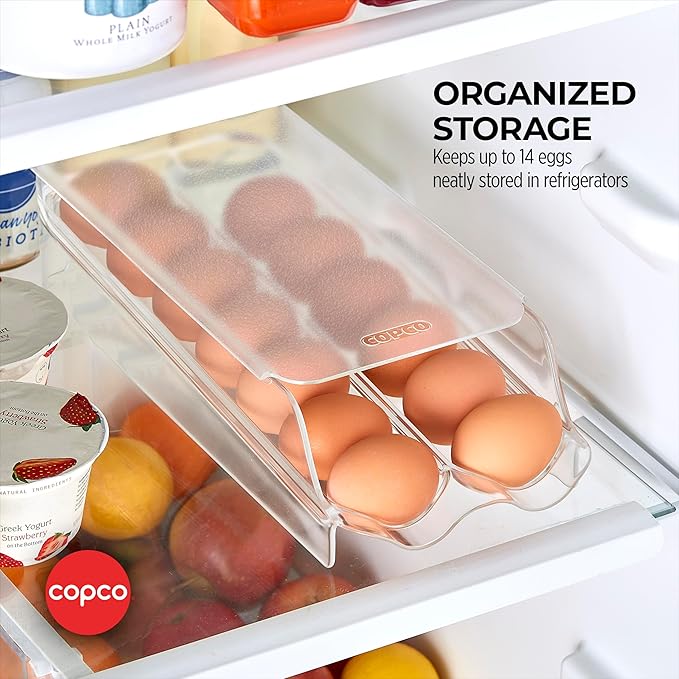 Copco Roll Down Egg Bin with Removable Lid - Space-Saving, Clear Egg Organizer for Refrigerators - Holds Up to 14 Eggs