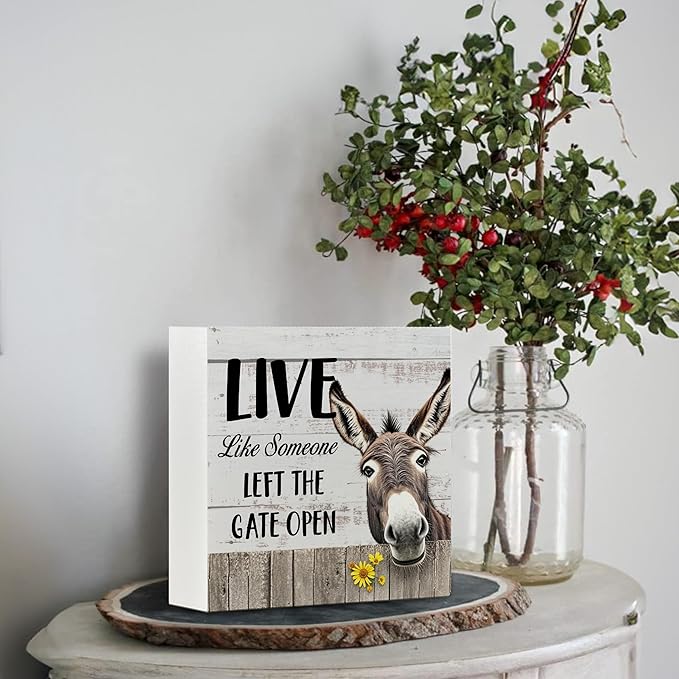 Rustic Farmhouse Wooden Sign - Funny Retro Donkey Decor, Office Decor for Women, Donkey Lovers Gifts, Live like Someone Tabletop Shelf Desk 5x5 Inch