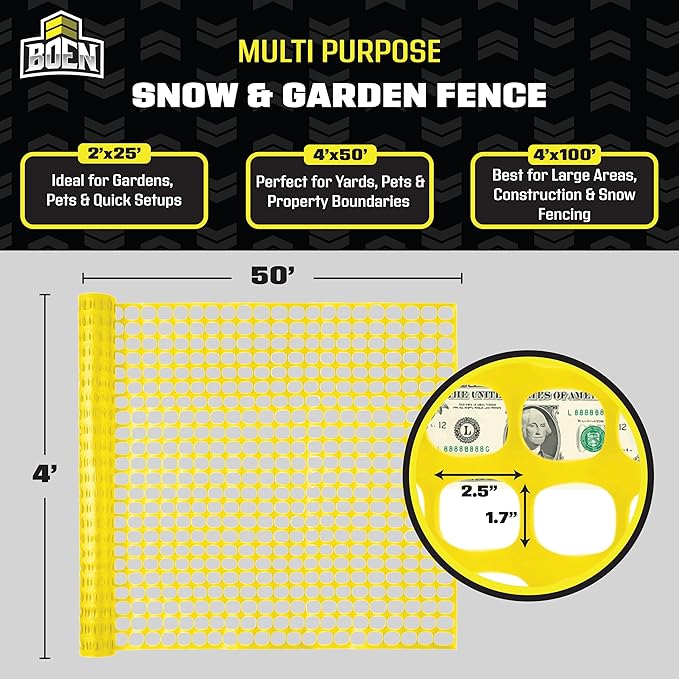 BOEN 4' x 50' Yellow Temporary Fencing, Mesh Snow Fence, Plastic, Safety Garden Netting, Above Ground Barrier, for Deer, Kids, Swimming Pool, Silt, Lawn, Rabbits, Poultry, Dogs