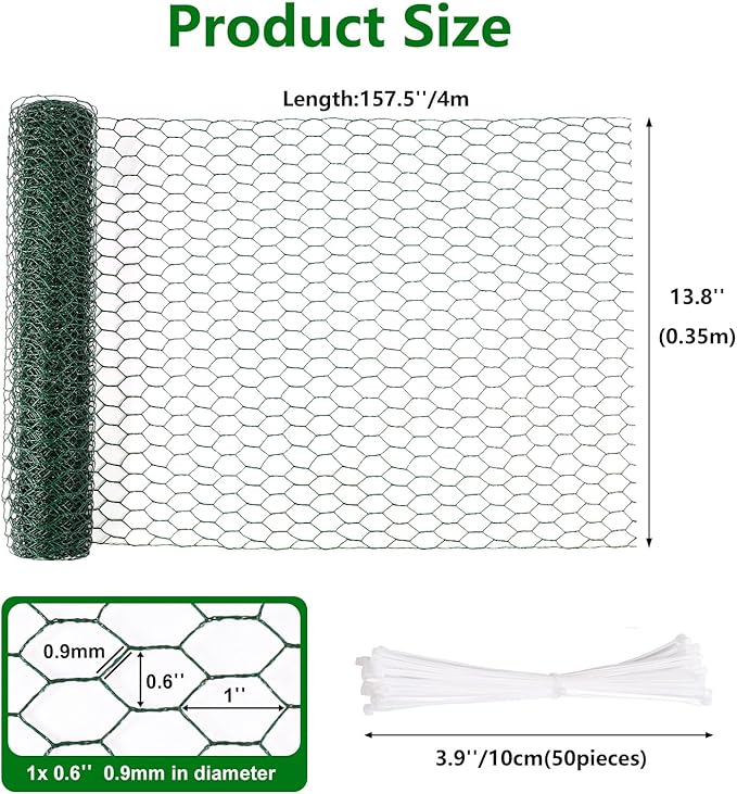Aboofx Chicken Wire for Floral Arrangements 157.5 x 13.8 Inch Green Mesh Chicken Wire with 20 Zip Ties and 1 Pair of Glove Hexagonal Galvanized PVC Coated Netting Fence for Crafs Poultry Garden