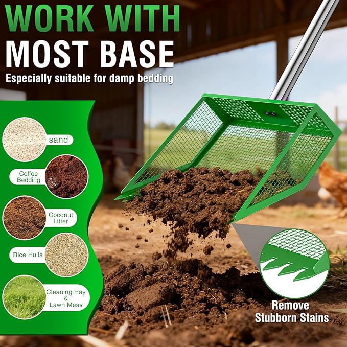 TOOGE Large Chicken Poop Scooper: 2-in-1 Metal Pooper Scooper & Rake Adjustable 62" Long Handle Stainless Steel Sand Sifting Litter Shovel Chicken Coop Scoop Cleaning Tool for Goat Farm Yard Green