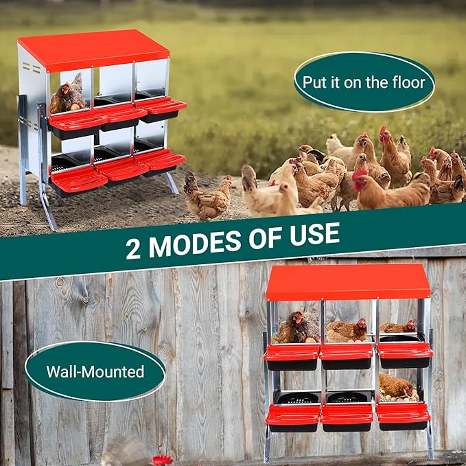Chicken Nesting Box, 6 Compartment Roll Away Nesting Box for Eggs, Chicken Laying Box with Egg Collection, Cleanable Pull Out Hen Roosting Boxes ﻿