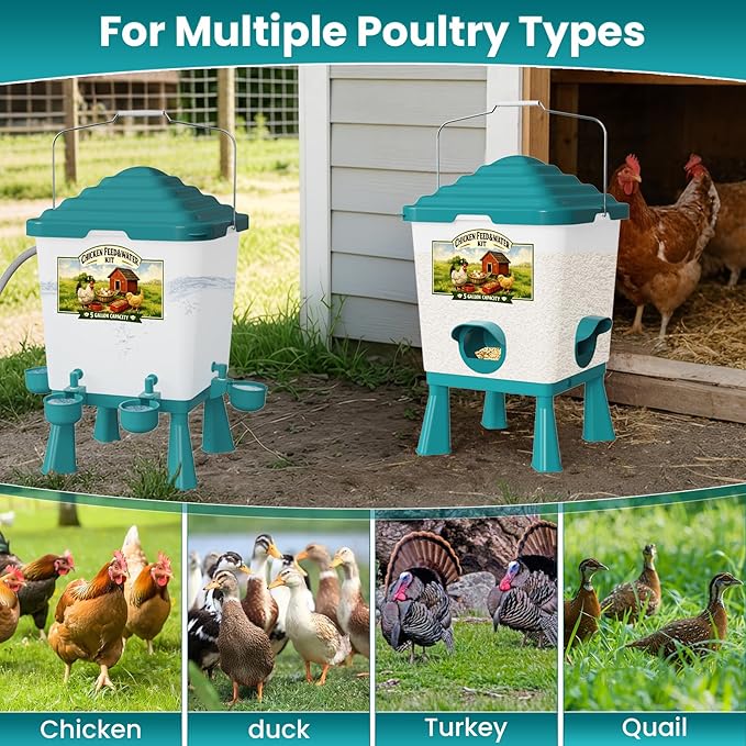 Automatic Chicken Feeder and Waterer Set, Chicken Coop Accessories - 5 Gallon Poultry Nipple Waterer with Stand, Easy Top Fill Chick Feeder (Blue)