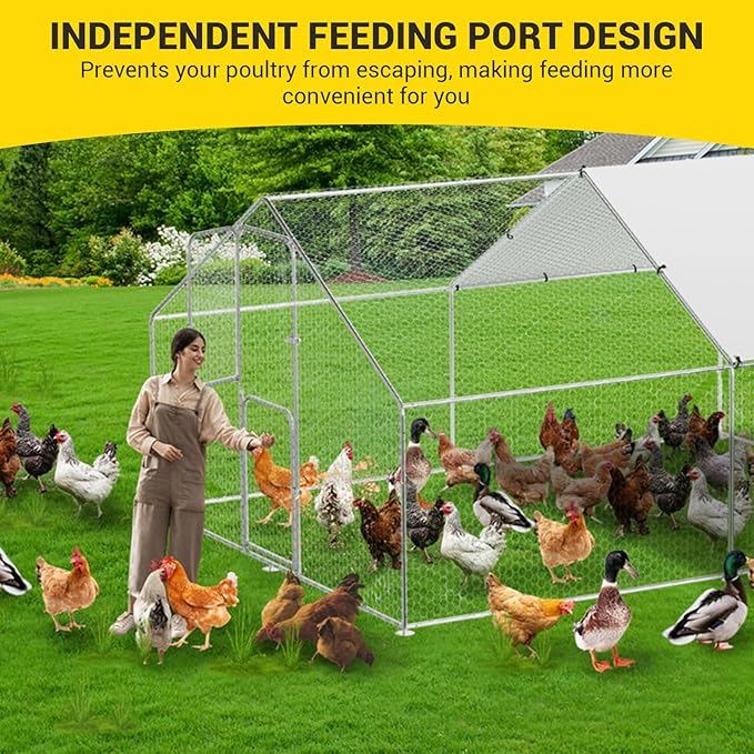 GarveeLife Large Metal Chicken Coop with Waterproof and Anti-UV Cover, Walk-in Poultry Cage, Outdoor Chicken Run for Backyard Farm Use, 9.8x13.1x6.6 FT