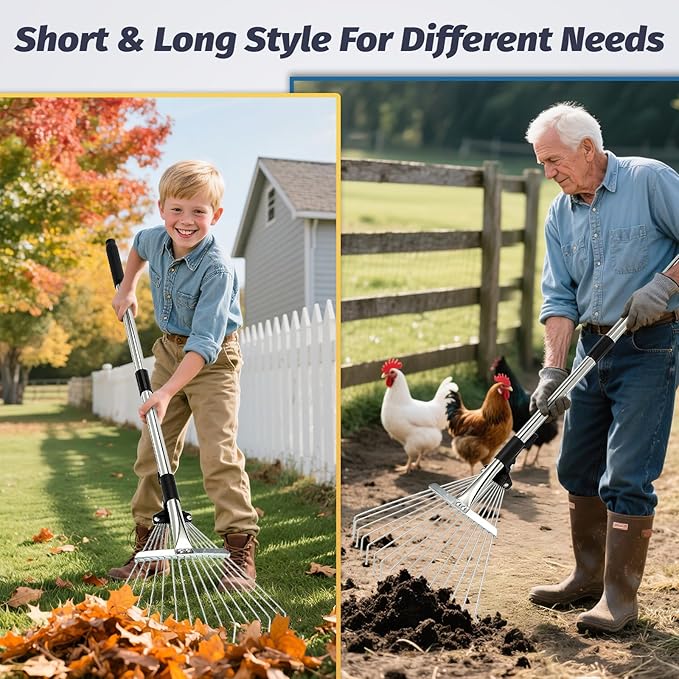 2PC Chicken Coop Scoop & Rake, 10" Heavy Duty Sifting Shovel, 62" Adjustable 3-Length Handle, 15" Manure Rake for Sand, Leaves & Animal Waste