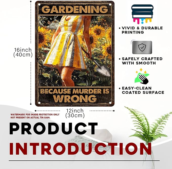 ARTWALLURE Garden Vintage Sign Gardening Because Murder Is Wrong Metal Sign for Garden Yard Backyard Patio Porch Decor 12x16inch