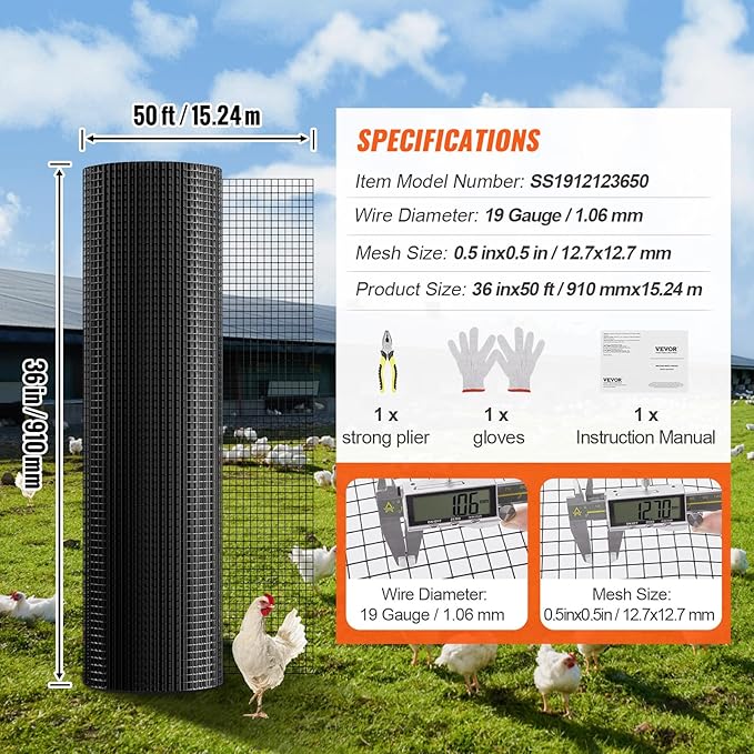 VEVOR Hardware Cloth, 36'' x 50' 1/2 inch Galvanized Wire Mesh Roll, 19 Gauge Chicken Wire Fencing Roll, Vinyl Coating Metal Wire Mesh for Chicken Coop Barrier, Rabbit Snake Fences, Poultry Enclosures