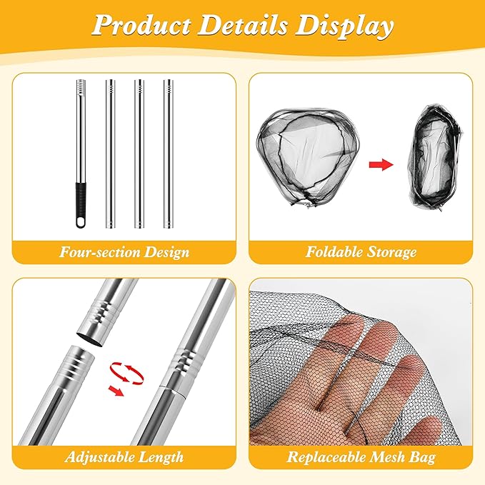 4PCS Chicken Catching Net, Adjustable Chicken Net Catcher, Chicken Catcher Leg Hook, Suitable for Chickens, Birds, Goose, Duckling, Fish, Cats (2 Nets, 1 Pole, 1Hook)