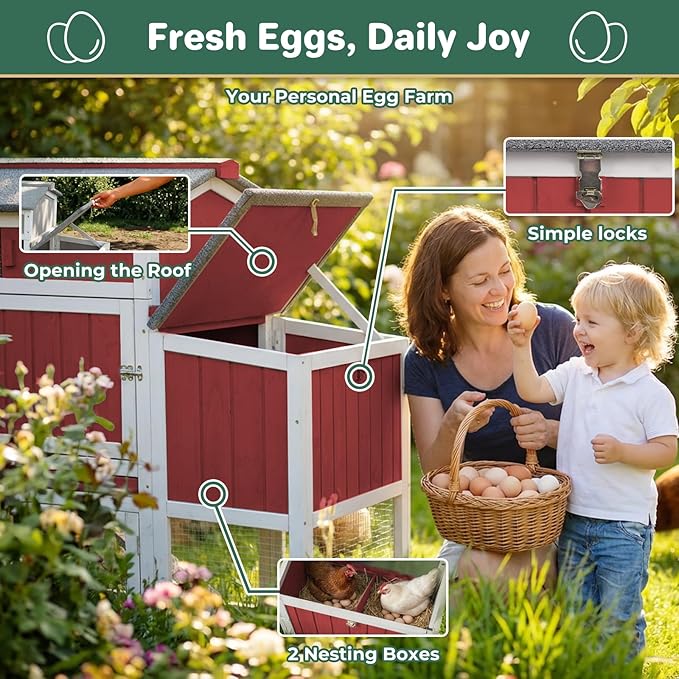 Chicken Coop with Wheels, Weatherproof Mobile Hen House Chicken Tractor with Run, Nesting Box, Roosting Bars, Pull-Out Tray, Asphalt Roof & Fun Swing for Chickens Quails, Backyard Use