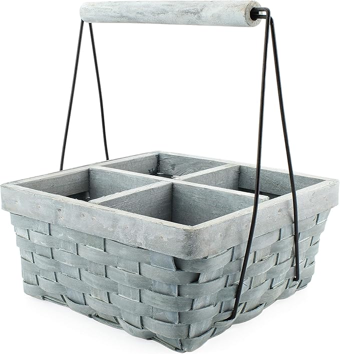 AuldHome Design Wood Basket Caddy (Gray Washed) 4-Compartment Carry-All Divided Organizer, Great for Easter/Spring Gift Basket