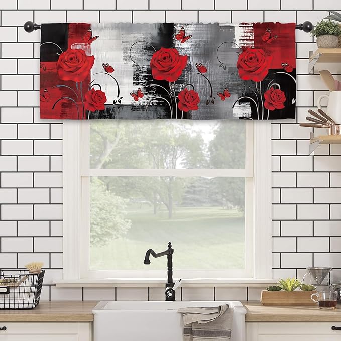 Black Red Rose Kitchen Curtain Valance 54W x 18L Inch Brushstroke Abstract Art Romantic Rod Pocket Short Cafe Small Window Treatment Drapes Decor