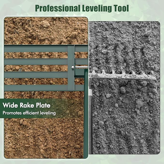 Happygrill Lawn Leveling Rake, Heavy Duty Lawn Level Tool for Soil w/67” Handle, Dirt Ground Leveler, Effort-Saving Landscape Rake for Garden, Backyard, Golf Course, Farm, Pasture (42" x 10", Green)