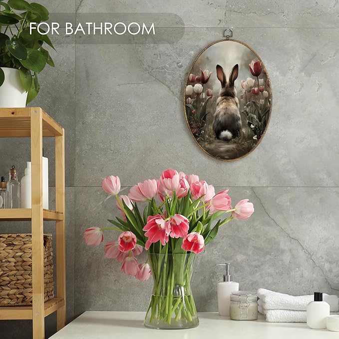 Fewgb Bunny Rabbit Oval Wall Art Decor Framed for Bunny Lovers Gifts, Floral Easter Bunnies Canvas Wall Art Prints Picture, Moody Spring Tulip Farmhouse Hanging Room Decor for Bedroom Nursery 9x12