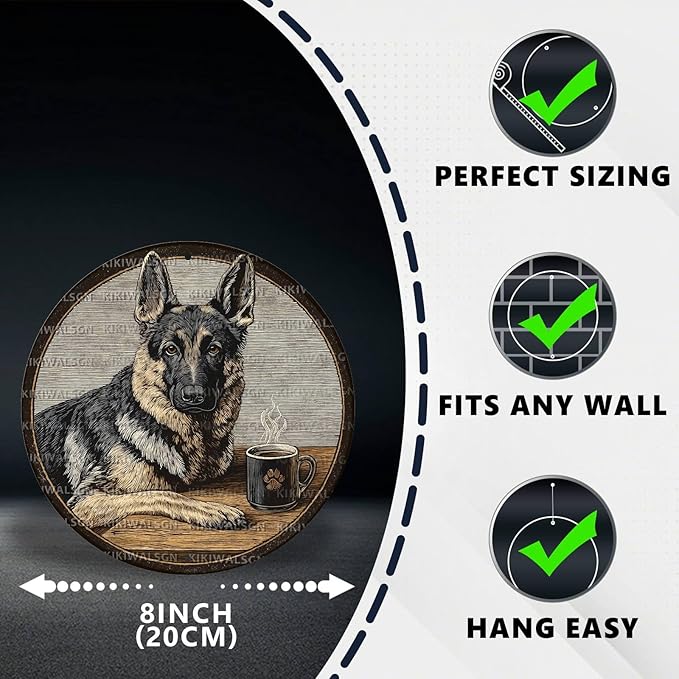 Vintage German Shepherd Dog Round Metal Sign Retro Coffee Tin Sign Nostalgic Dog Lovers Wall Decor Decorations for Home Bedroom Living Room Cafe Bar Man cave Office 8 * 8 In