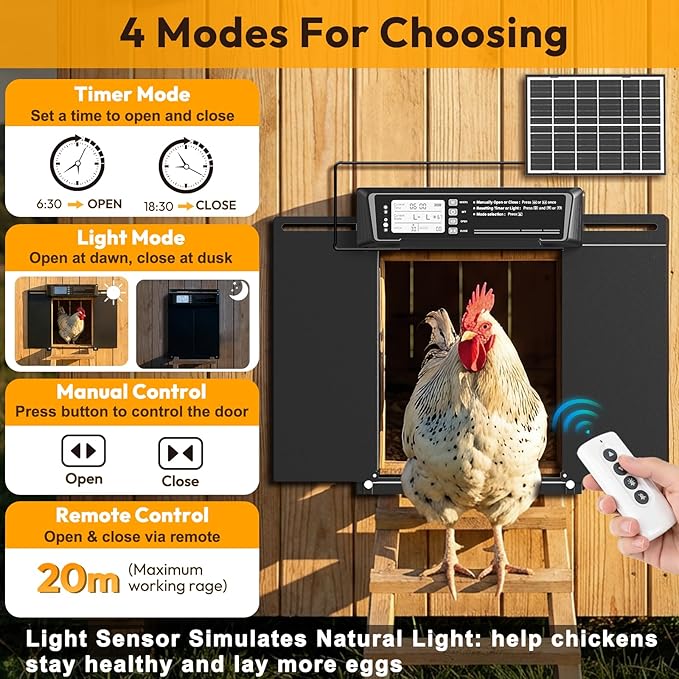INNOLAND Large Size Automatic Chicken Coop Door Solar Powered - Timer/Manual Mode, Solar Chicken Coop Door Anti-Pinch, Aluminum Alloy Chicken Door | 20M Remote Control | Higher Battery Capacity