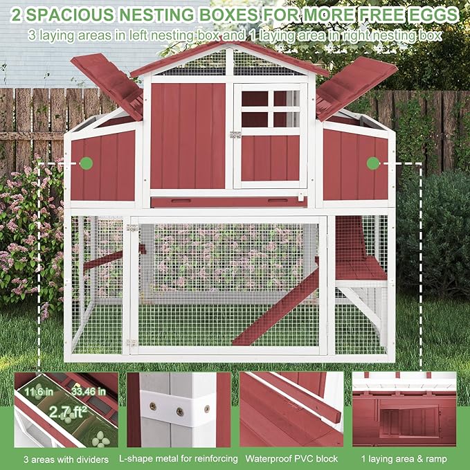 56.03" L 2-Story Chicken Coop with Run,Fir Wood Chicken House Hen House with 2 Large Nesting Boxes,Expandable Poultry Cage for 2-4 Chicken with 4 Perching Bars,Pull-Out Tray,Ramps,RED