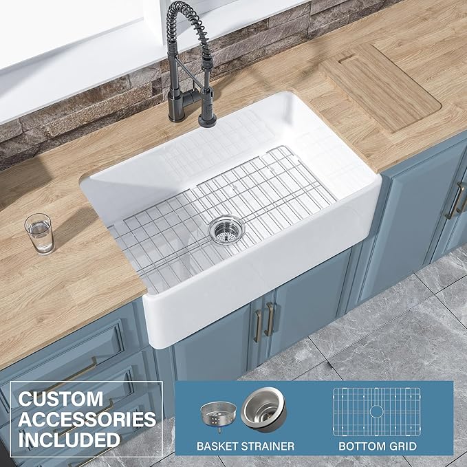 White Farmhouse Kitchen Sink 30 x 20 Inch, Firecaly Apron Front Undermount Farm Sink Deep Single Bowl for Kitchen, w Custom Accessories 2 Types