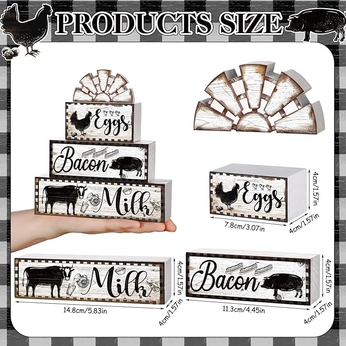 Jetec 4 Pcs Farmhouse Kitchen Decor Wooden Tiered Tray Decor Cow Rooster Pig Rustic Bathroom Signs Decorative Faux Stacked Table Centerpiece Block Sign for Home Living Kitchen Dining Room Shelf