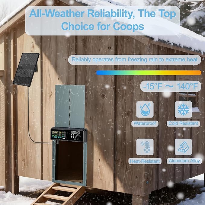 Solar Powered Automatic Chicken Coop Door with Remote Control – Smart Anti-Pinch Safety, Color LCD Display, Heavy-Duty Aluminum, All-Weather Operation (Light Blue)