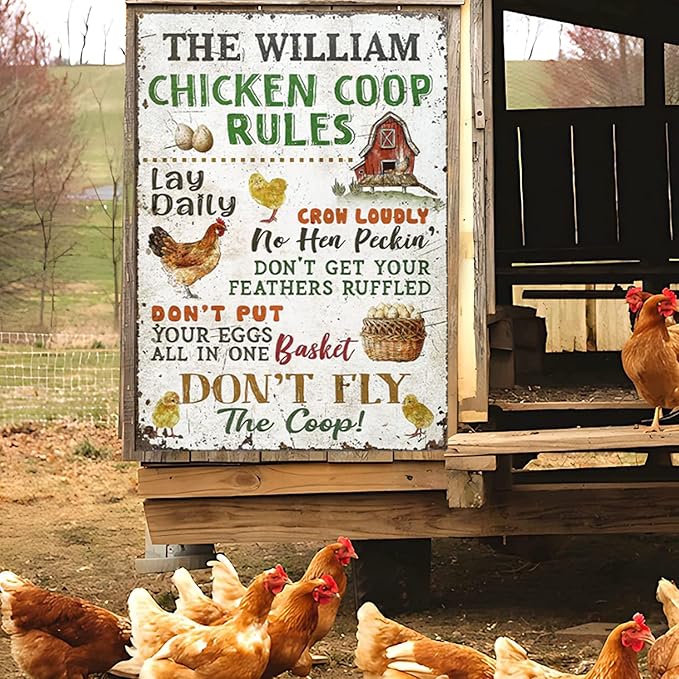 Personalized Classic Metal Chicken Coop Rules Sign, Custom Farm Sign for Chicken Family