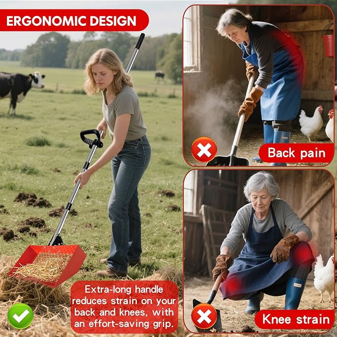 Chicken Coop Scoop (22 to 75") Chicken Coop Rake and Scoop with Grip 5 Section Extra Long Handle Chicken Pooper Scooper for Sand Metal Chicken Cleaning Tools Livestock Rake (Orange)