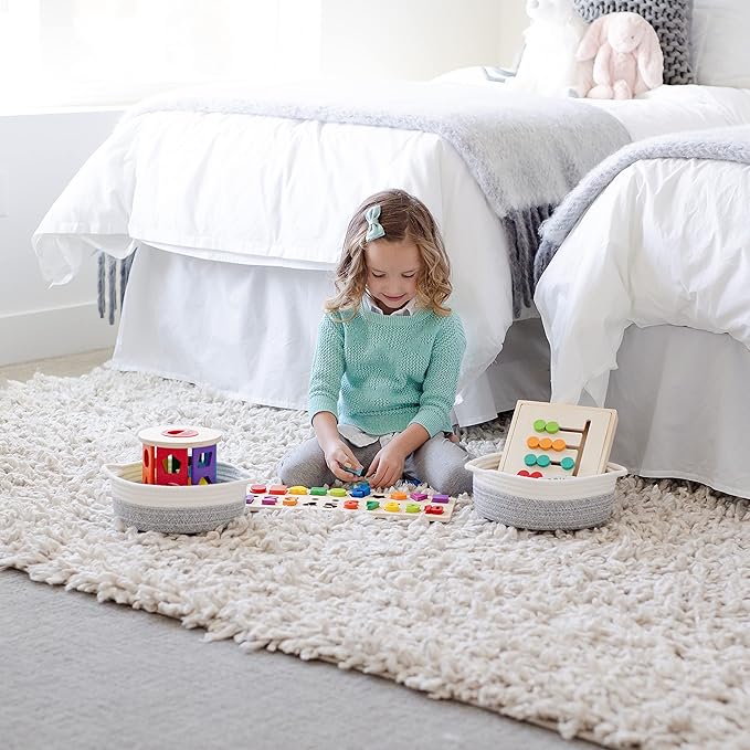 NaturalCozy 5-Piece Round Small Woven Baskets Set– Cotton Rope Baskets for Organizing! Montessori Toys, Fruits Remotes Key Tray Bowl for Entryway Desk, Shallow Catchall Home Décor, Cat Dog Bin Gift