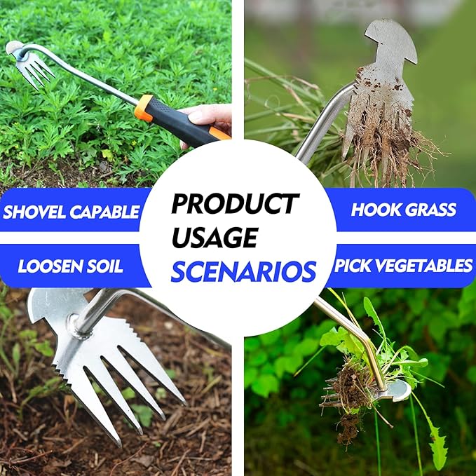 Weed Puller Tool, Gardening Essentials,Yard Tools,Portable Garden Weeder Tool,4 Teeth Stainless Steel Manual Weeding Rake for Vegetable Gardening, Backyard Farm Planting & Weeding