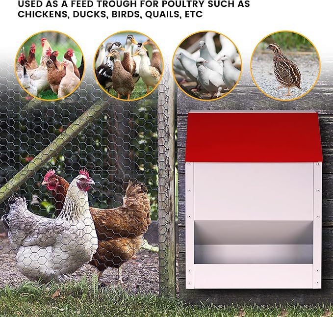 Galvanized Wall Mount Chicken Feeder No Waste Hanging Chicken Feeder with Lid Weatherproof Metal Automatic Poultry Feeder Trough Food Dispenser for Outside Coop (23 lbs)