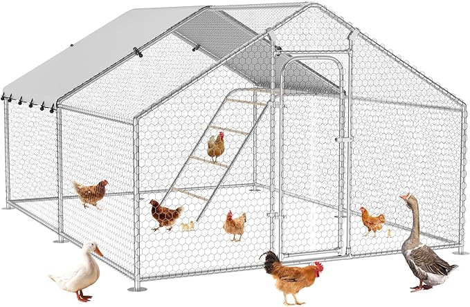 Large Metal Chicken Coop with Waterproof and UV-Resistant Cover,Chicken Run Outdoor Walk-in Cage Rabbit Duck Hen House for Yard Farm Use Spire Roof(10’ W x 10’ L x 6.5’ H)