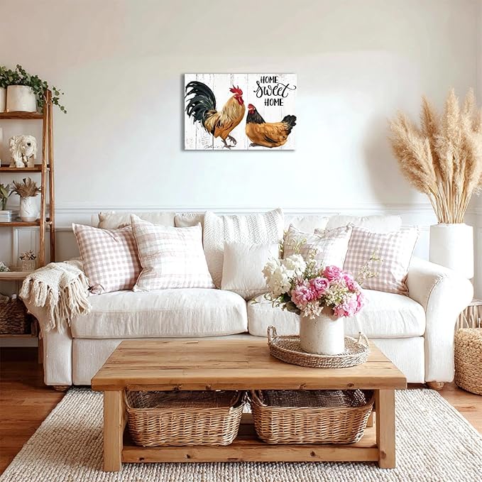 Farmhouse Rooster Wall Art Canvas Print - Rustic Kitchen Decor Painting for Home, Country Chicken Themed Artwork 10“x15"
