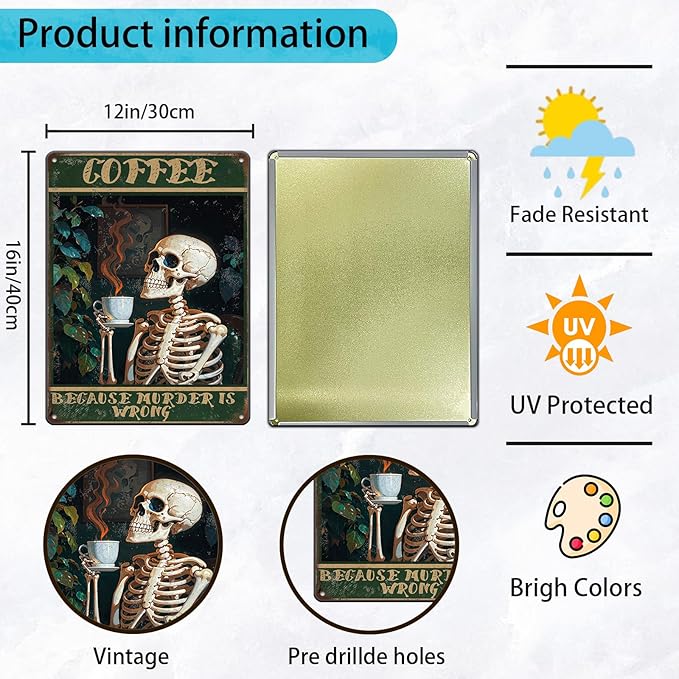 Vintage Coffee Skull Tin Sign Skeleton Old Fashioned Because Murder Is Wrong Metal Tin Sign Poster 12x16 Inch Home Restaurant Coffee Shop Wall Decor