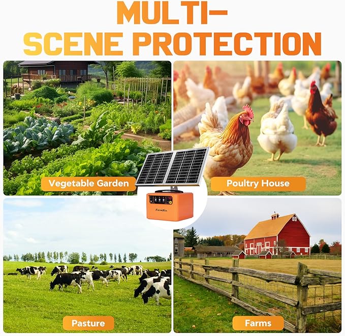 6-12KV Adjustable Output Solar Fence Charger,30 Miles Electric Fence Charger for Livestock,1.5J Solar Charger,15W Solar Electric Fence,24H Protection Solar Powered Electric Fence Kit