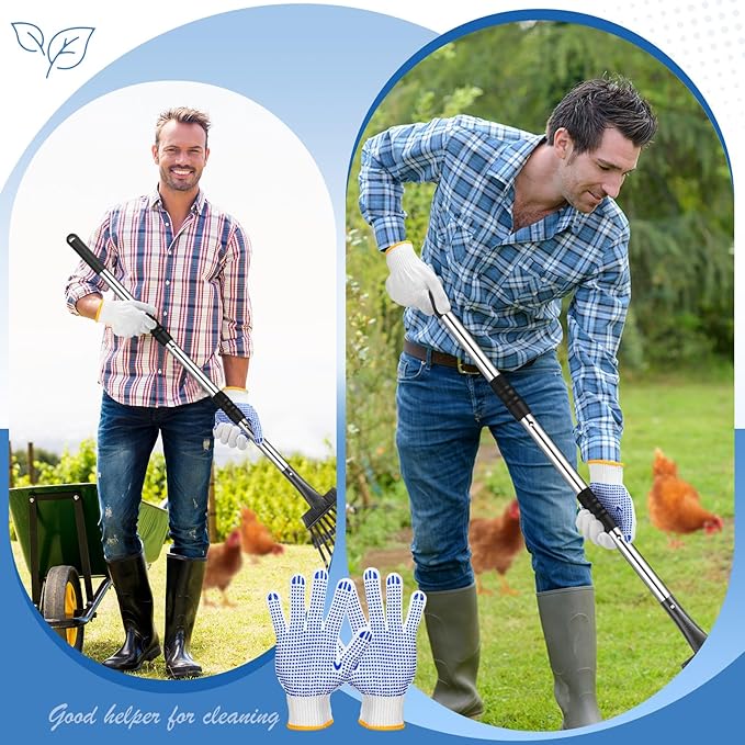 3 Pack Chicken Poop Scooper and Rake Anti Slip Dots Gloves Set Retractable 3 in 1 Litter Sifting Shovel Detachable Chicken Coop Cleaning Tools