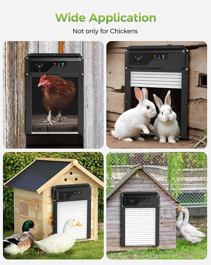 WiFi Automatic Chicken Coop Door,App&Remote Control Chicken Door with 1080P HD Camera,5000mAh Battery,Timer,Anti-Pinch Protection & Security Alarm,Solar Powered or USB Charging