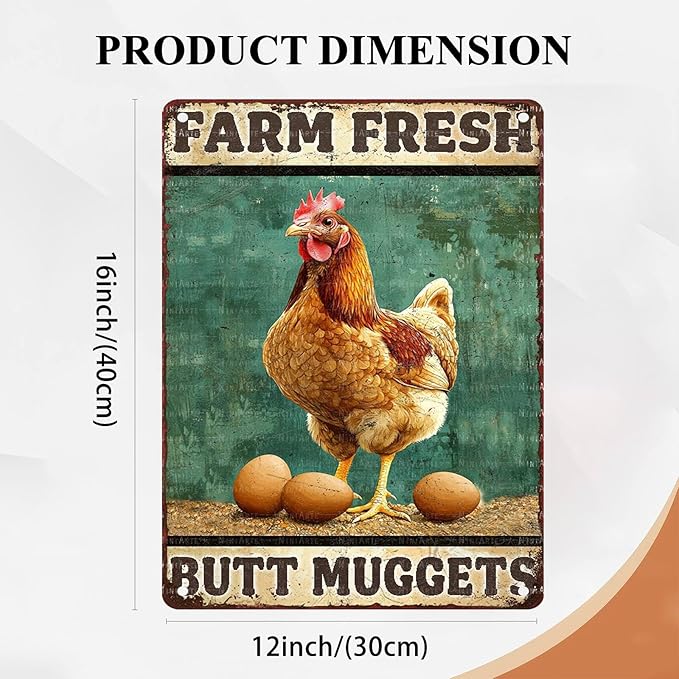 Vintage Chicken Farm Metal Sign Chicken Coop Farm Fresh Butt Nuggets Metal Poster Home Garden Farmhouse Restaurant Garage Aluminium Sign Art Wall Decor 12X16Inch