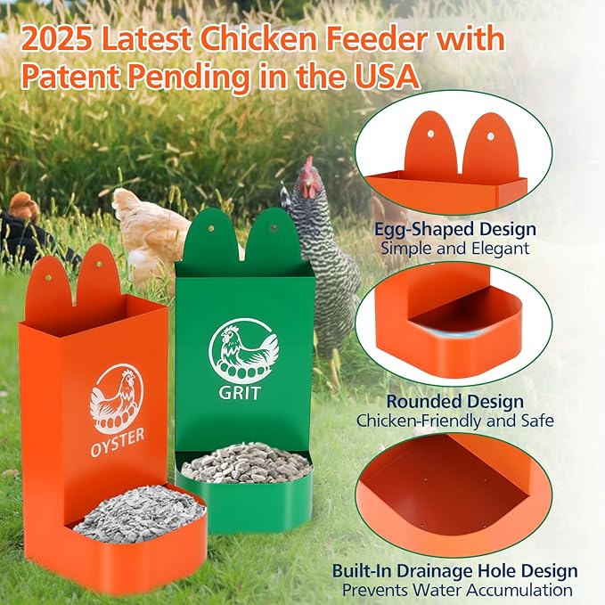 US Patent Pending 2 Pack Chicken Oyster Shell and Grit Feeder for Hens – Heavy-Duty Metal Chicken Feeder with Rounded Edges – Chicken Coop Accessories Improve Eggshell Quality and Hen Health