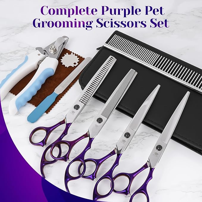 Dog Grooming Scissors Set – 6 in 1 Pet Grooming Kit with Curved, Thinning, Chunker & Straight Shears + Comb – 440C Stainless Steel Sharp Blades, Ergonomic & Quiet Design (Purple)