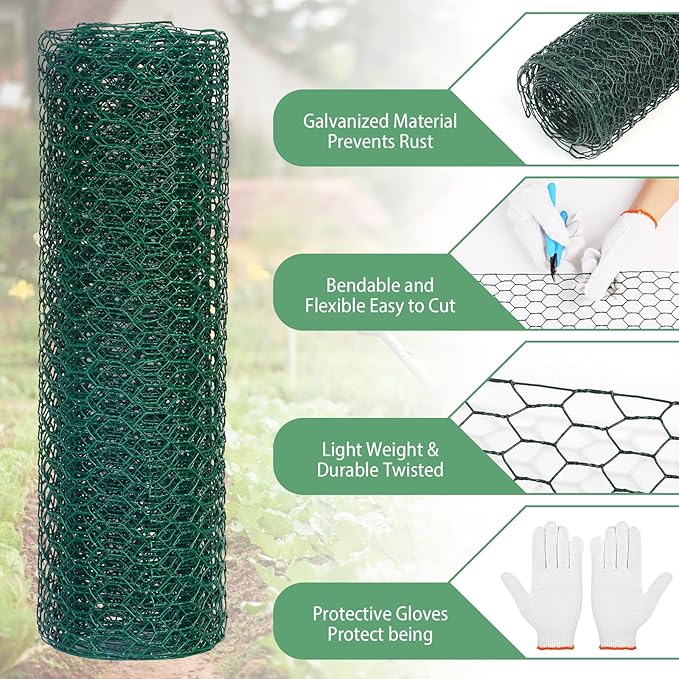 Chicken Wire for Floral Arrangements 13.78 x 236 Inch Lightweight Galvanised Hexagonal Floral Chicken Wire, Green Florist Wire for Garden Poultry Netting for Garden Protection with Wire Ties, Plier