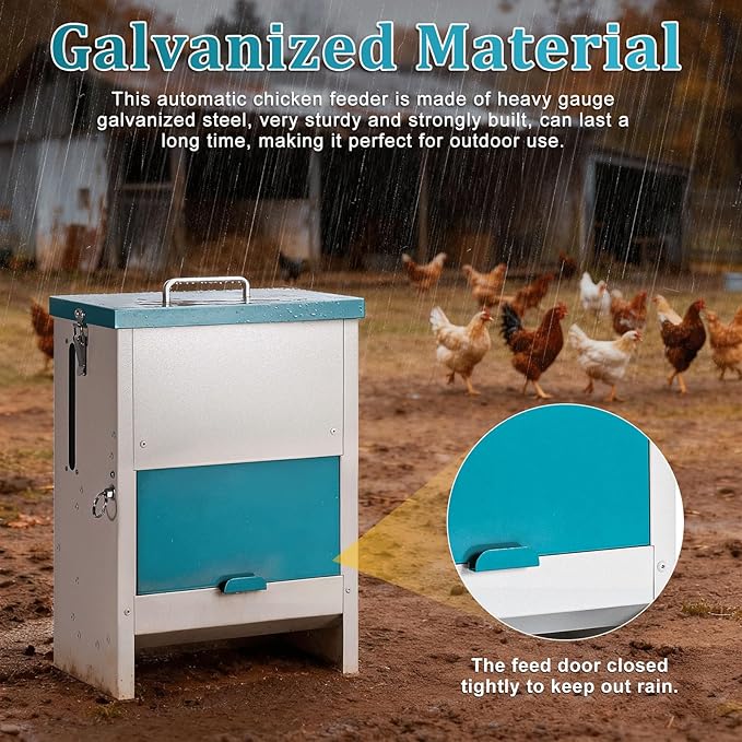 10L Automatic Chicken Feeder Metal No Waste Poultry Feeder Gravity Fed Self Feeding Large Chicken Food Dispenser with Lockable Lid and Rain Cover