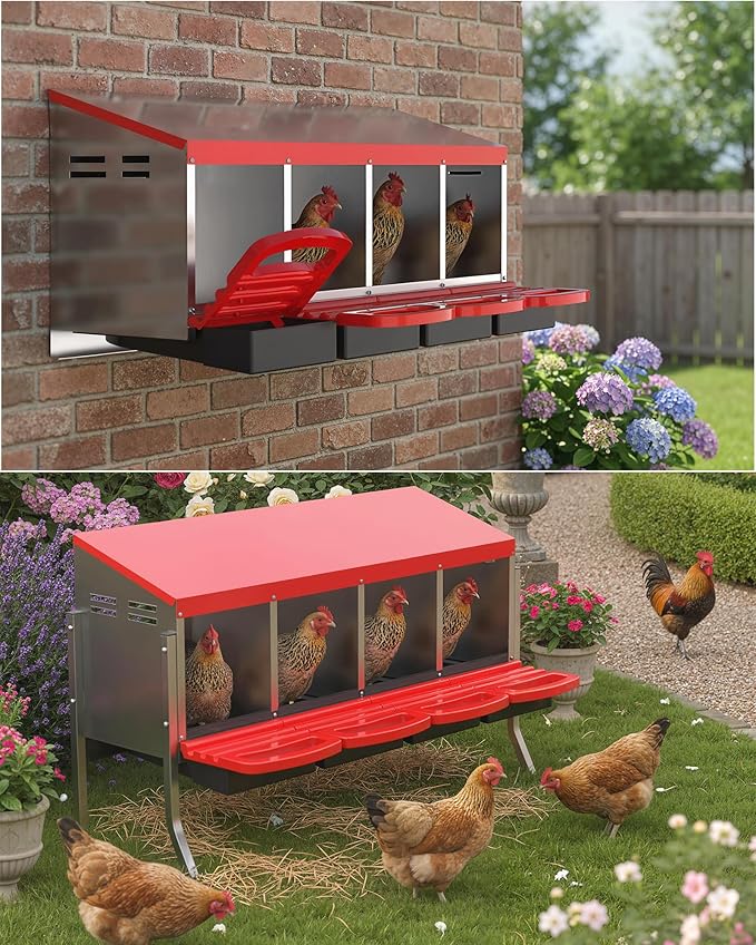 Chicken Nesting Boxes, 4 Hole Metal Rollaway Nest Box for Laying Hens with Cleanable Pull-Out Trays Wall Mount or Placed Design for Easy Egg Collection & Cleaning(Includes Legs)