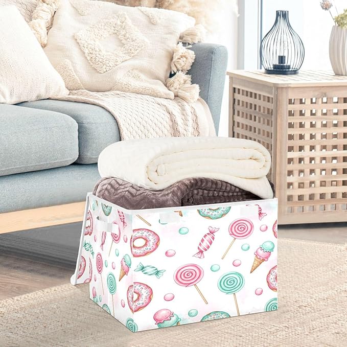 Candy Donuts Lollipops Storage Bins with LidsIce Cream Sweets Foldable Storage Basket with Handles Collapsible Large Fabric Organizer Containers for Clothes Shelves Closet Office Home
