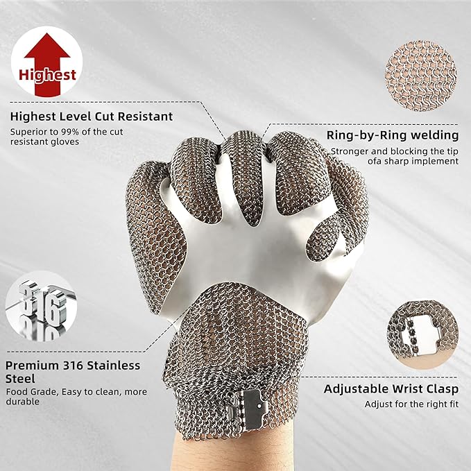 Schwer ProGuard-X A9 Cut Resistant Stainless Steel Metal Mesh Chainmail Glove PM5201 Butcher Glove for Meat Cutting Food Processing Knife Sharpening Oyster Shucking Kitchen Fish Fillet, XS