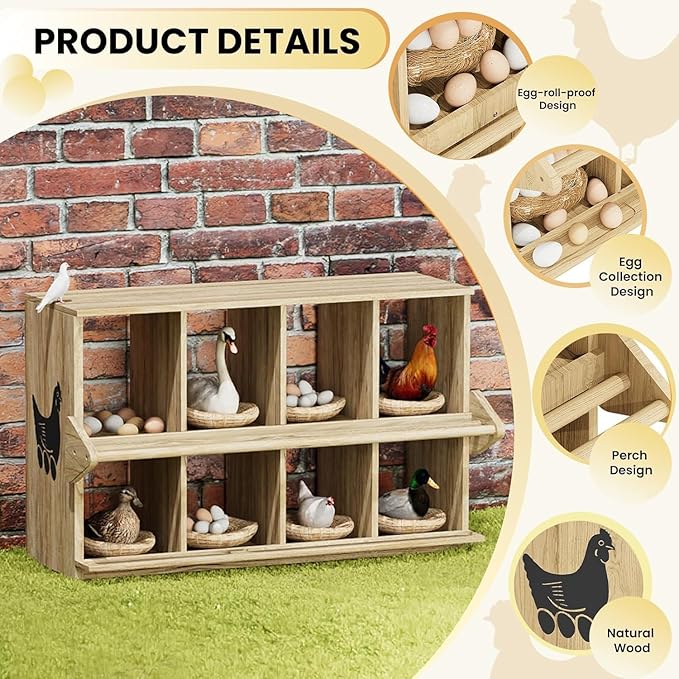 Chicken Nesting Box, 8 Compartment Wooden Nesting Boxes for Chickens with Perches, Floor/Stand/Wall Mount Large Chicken Nesting Boxes for Small & Medium Poultry