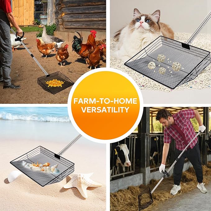 Large 15inch Chicken Poop Scooper, Chicken Coop Accessories 24-68" Long Litter Scoop with Ergonomic Grip, 5-in-1 Multifunctional Heavy Duty Litter Sifting Shovel for Coop, Goat Stall, Stable Cleaning