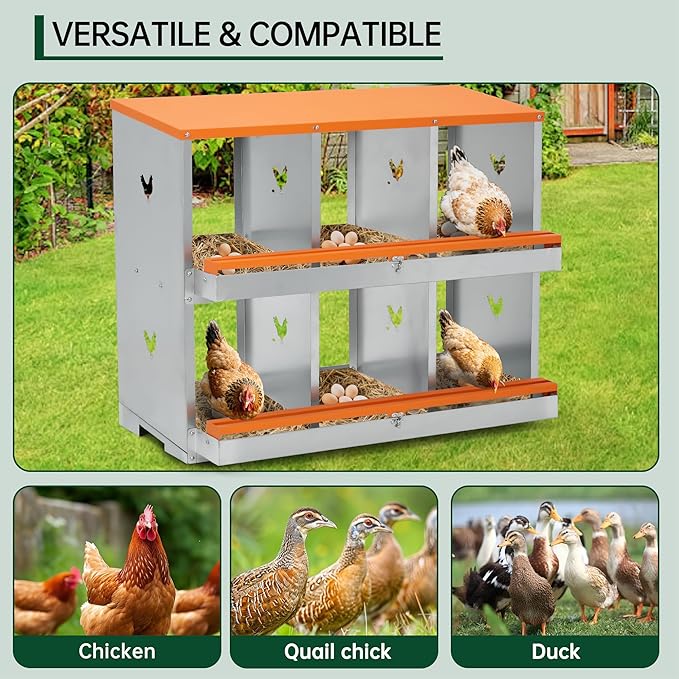Garvee Nesting Boxes for Chickens, 6 Compartments Metal Chicken Nesting Box, Chicken Egg Laying Box with Large Vented Holes for Easy Egg Collection