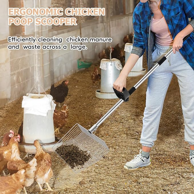 15-inch Large Chicken Poop Scooper with Ergonomic Grip, 4 in 1 Adjustable Chicken Coop Pooper Shovel (24 to 70"), Sifting Litter Shovel for Chicken Coop/Goat Stall/Stable Cleaning