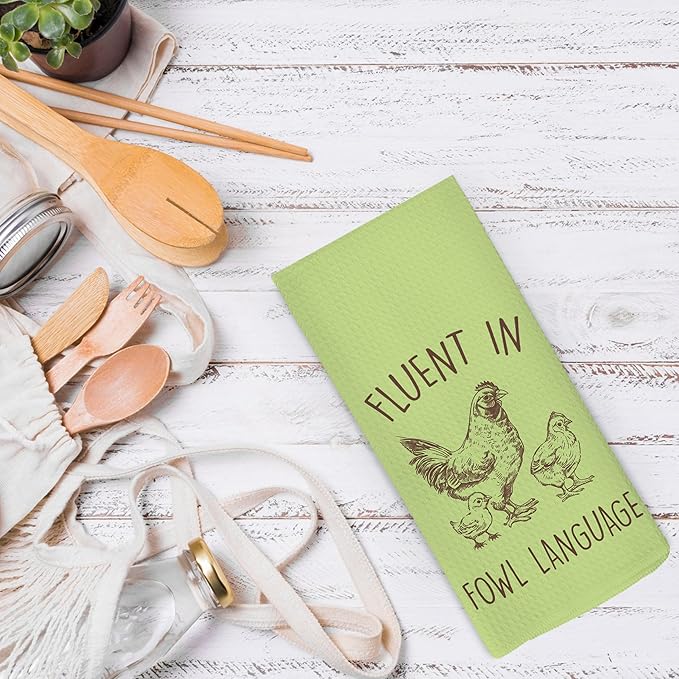 Funny Chicken Green Kitchen Dish Towels 16x24 Inch, Crazy Chicken Gifts for Chicken Mom, Fluent in Fowl Language Decorative Hand Towels Tea Towels for Farmhouse Home