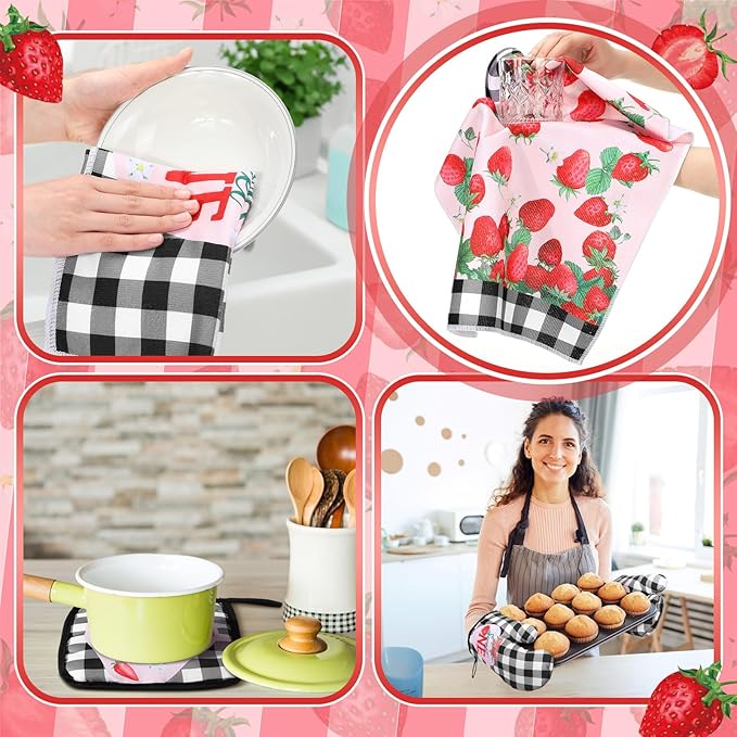 10 Pcs Strawberry Farmhouse Kitchen Decor Set Dish Towels Kitchen Rugs Oven Mitts and Pot Holders Set for Cooking Baking Grilling Women Mom Daughter Gift (Mixed Color)