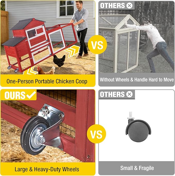 Aivituvin Large Chicken Coop with Wheels, Outdoor Hen House Mobile Poultry Cage with Run, Weatherproof Asphalt Roof, Sectionable Nesting Box, Leakproof Pull-Out Tray for 4-6 Chickens - Red